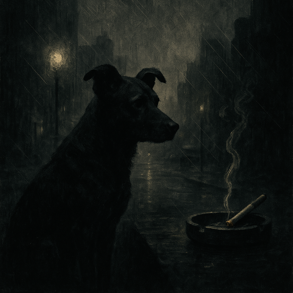 A shadowy stray dog standing in the mist, depicted in noir style.