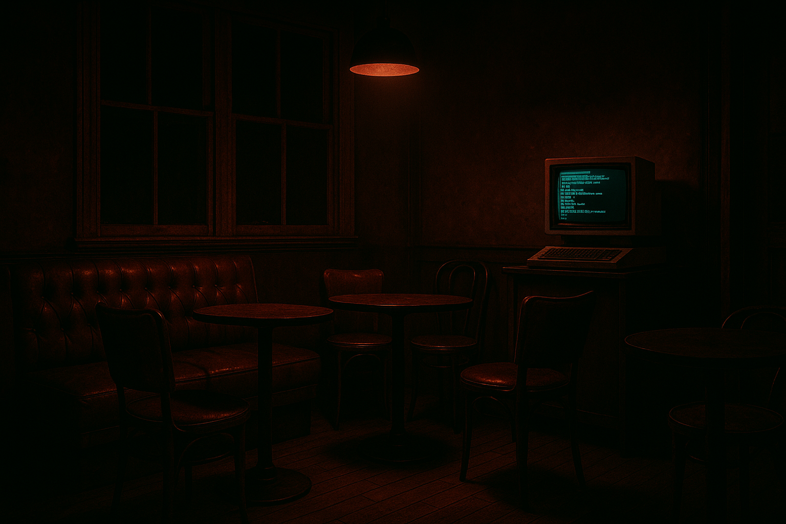 Dimly lit, empty room with an old computer and flickering monitor, evoking early internet and underground chat culture.