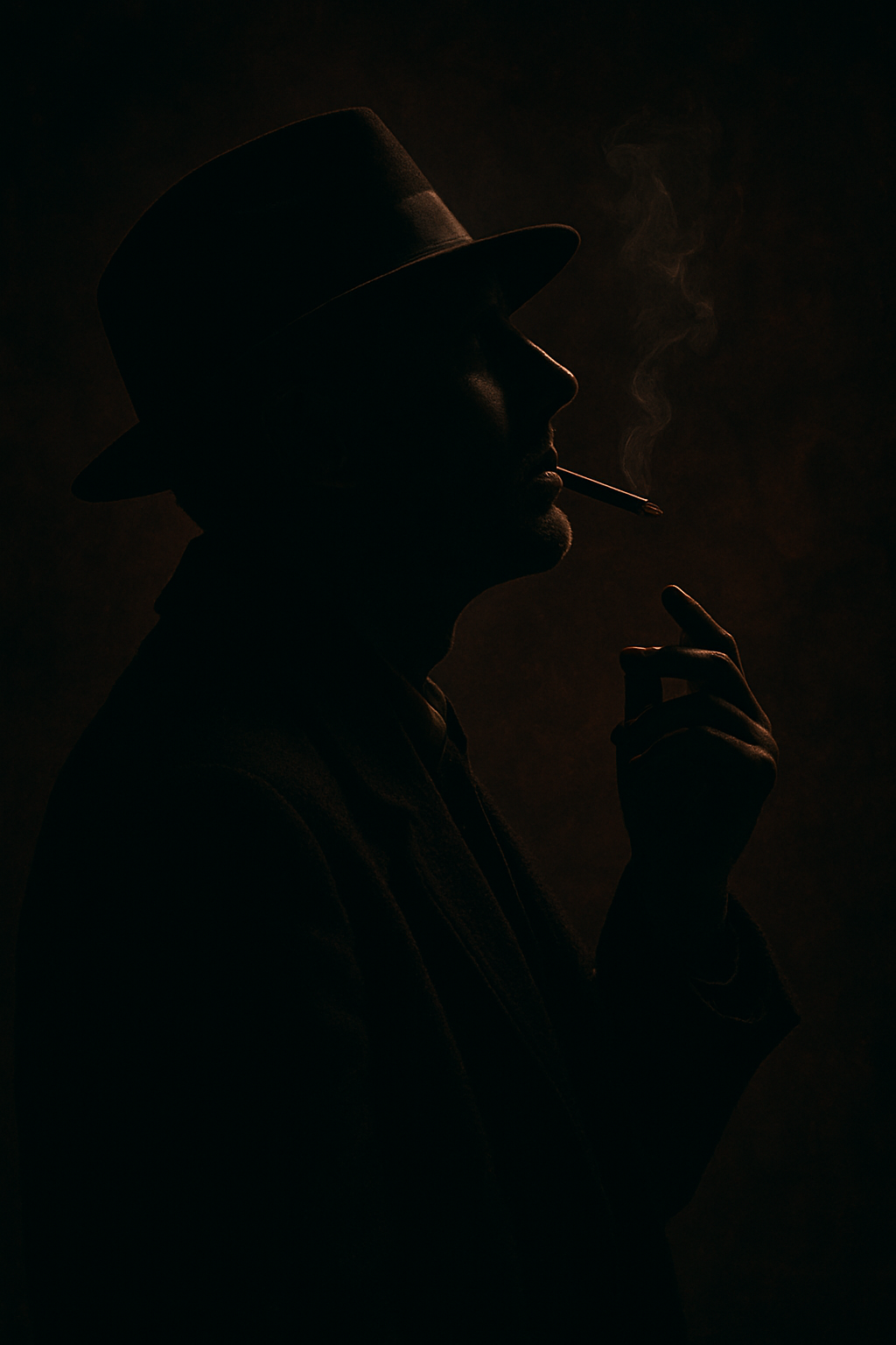 Shadowed man in noir lighting with a cigarette, wearing a fedora.